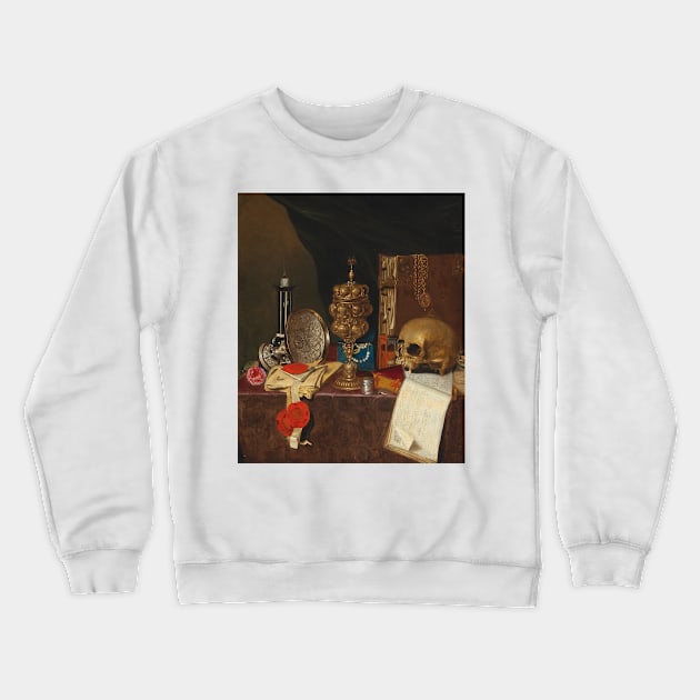 Vanitas Still Life with Vessels, Books, Documents and a Skull by Circle of Edwaert Collier Crewneck Sweatshirt by Classic Art Stall